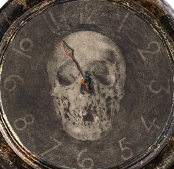 An old, seemingly burned brass clock. Its face has a faded skull behind it and hand-written numbers. There is only a single hand on it that seems warped between the colors red and blue. The hand points to the number 11.